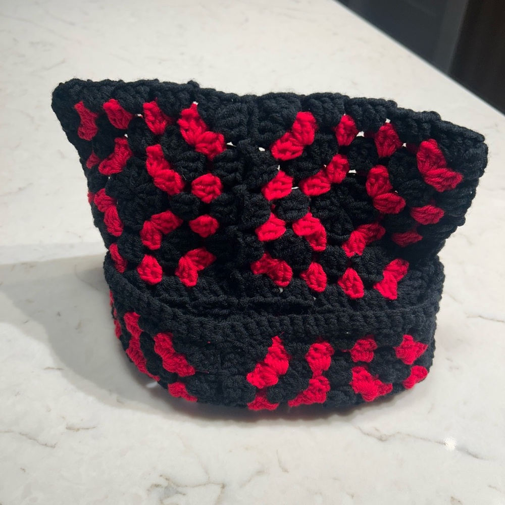 Handmade Crochet Cat Ear Beanie – Black & Red Knit Hat